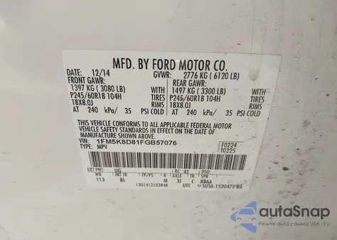 2015 Ford Explorer Xlt z USA, uszkodzony, nr VIN 1FM5K8D81FGB57076